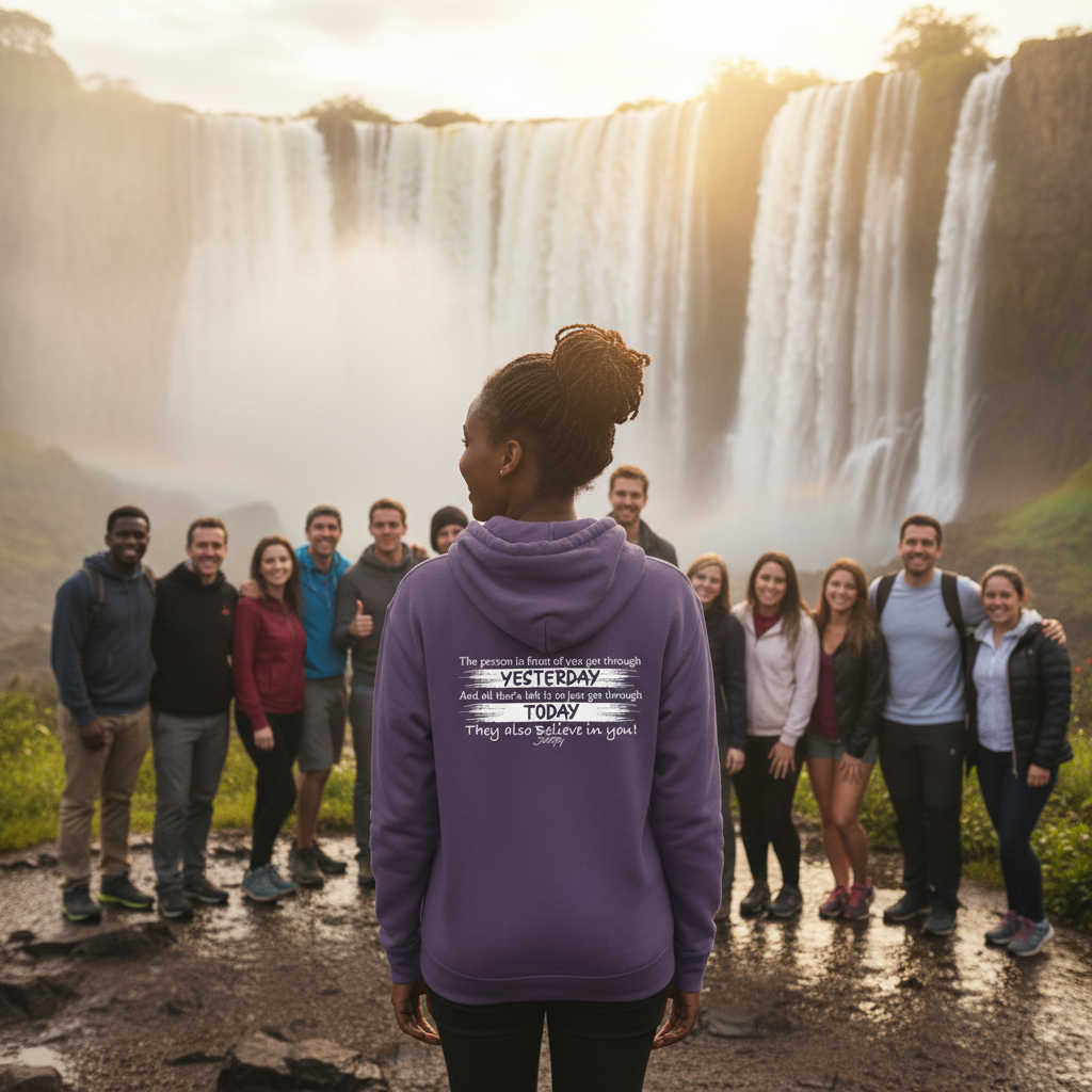 Woman wearing a purple hoodie with an inspirational recovery quote on the back, standing before a waterfall with a supportive group of people, symbolizing hope, healing, and encouragement