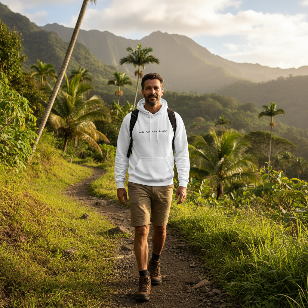 Man hiking on a tropical mountain trail wearing a white hoodie with black handwritten text that reads “we do recover.” symbolizing healing, strength, and personal growth in nature