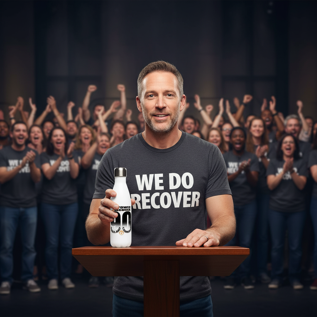 Man wearing a “We Do Recover” T-shirt holding an Empower2Recover “90 Days and Counting” bottle while standing at a podium with a cheering crowd behind him