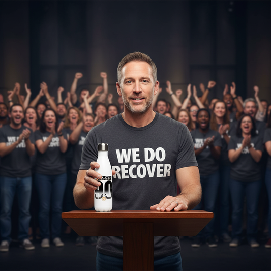 Man wearing a “We Do Recover” T-shirt holding an Empower2Recover “90 Days and Counting” bottle while standing at a podium with a cheering crowd behind him