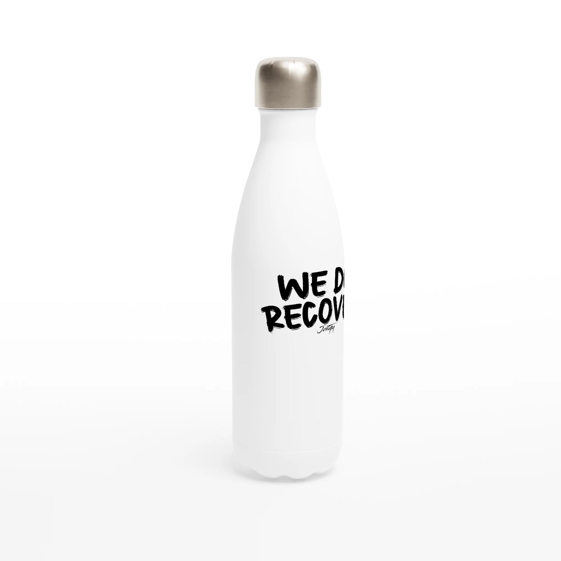 Side view of white We Do Recover water bottle with minimalist recovery logo by JohnyT