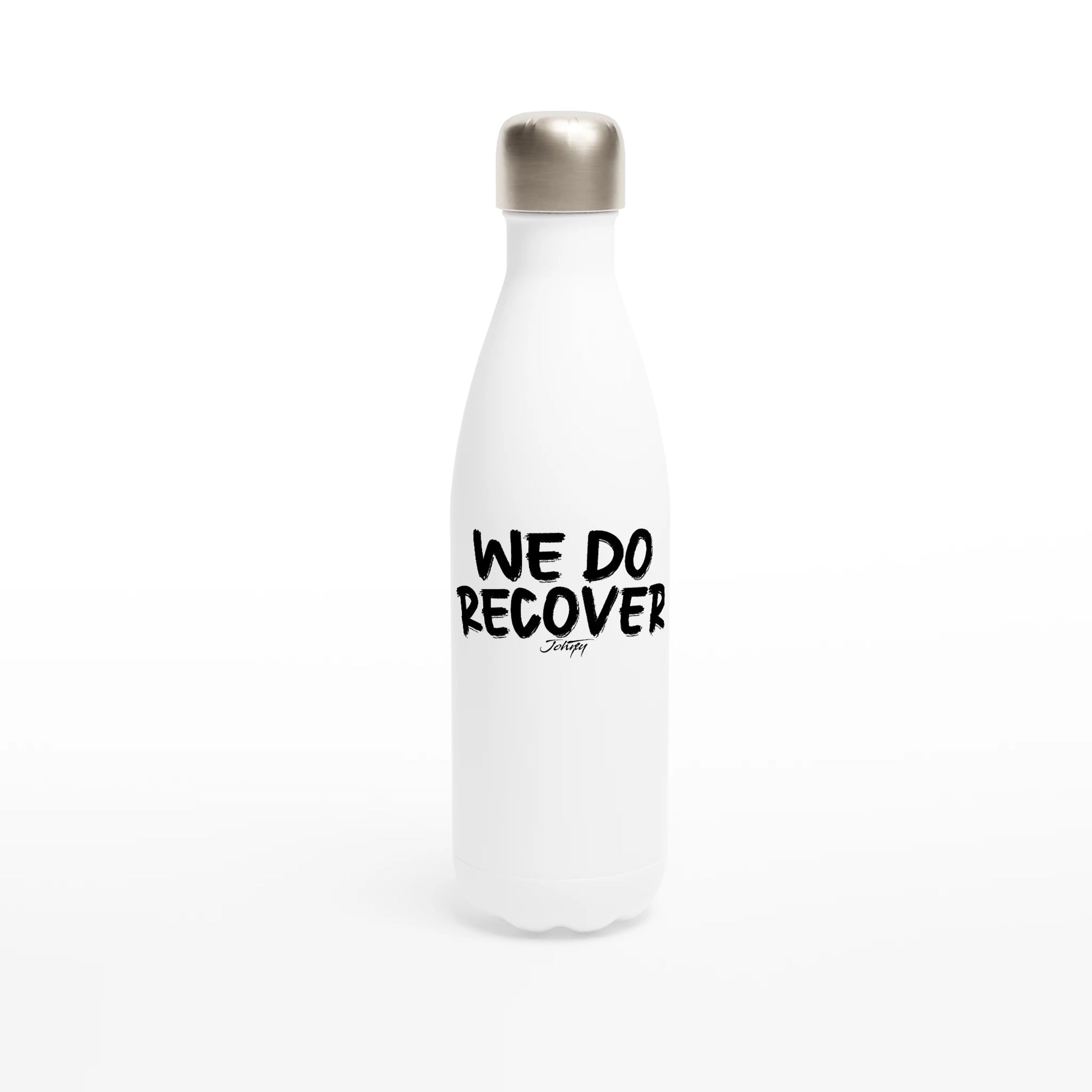 White water bottle featuring the We Do Recover logo, minimalist recovery drinkware by JohnyT