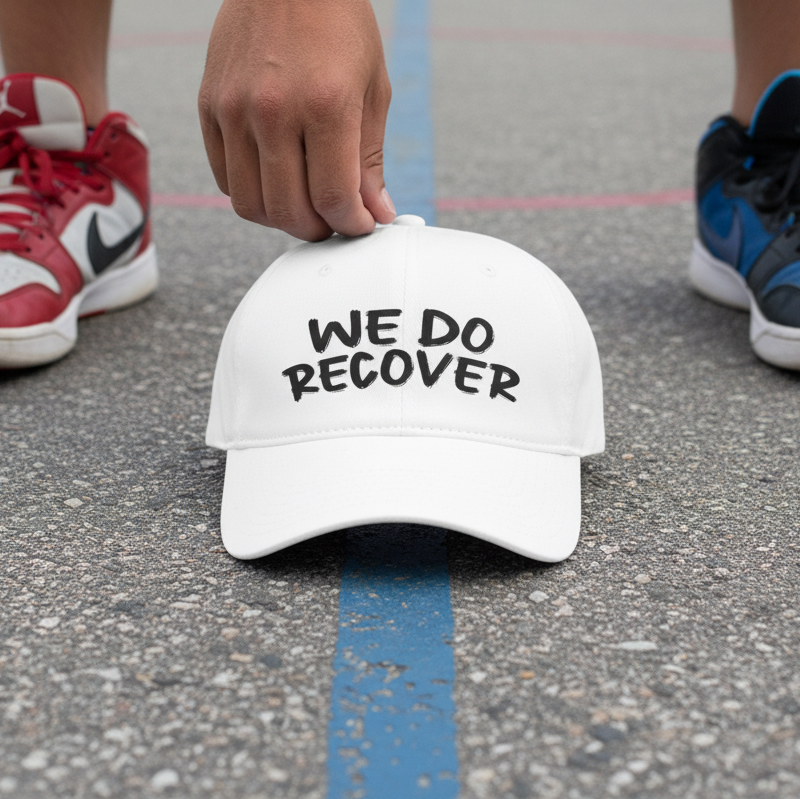 White low profile dad hat with printed We Do Recover text placed on outdoor pavement with a hand reaching and sneakers visible, Johny-T recovery apparel