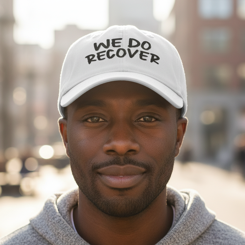 Man wearing a white low profile dad hat with printed We Do Recover text in an outdoor urban setting, Johny-T recovery apparel
