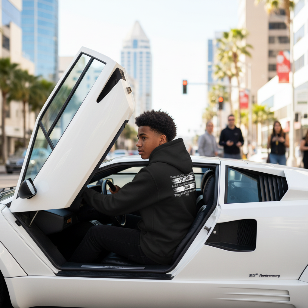 Young man sitting in a white sports car wearing a black hoodie with motivational text on the back that reads “The person in front of you got through yesterday... They also believe in you!” symbolizing perseverance, motivation, and self-belief