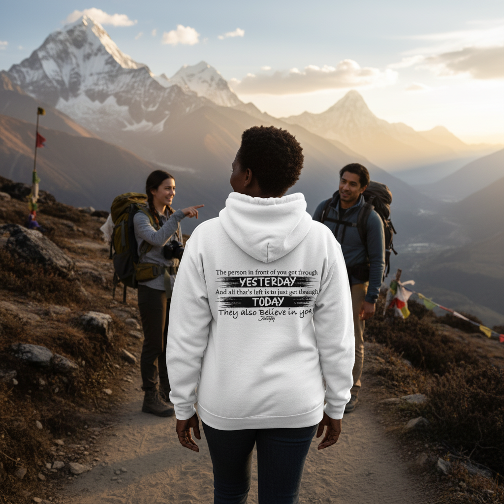 Woman standing on a mountain trail wearing a white hoodie with motivational text that reads “The person in front of you got through yesterday... They also believe in you!” surrounded by hikers at sunrise, symbolizing resilience, support, and inspiration