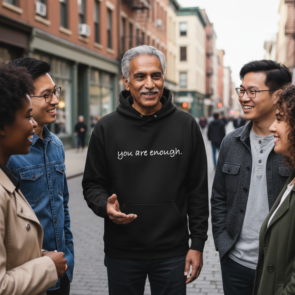 Motivational black hoodie featuring the phrase “you are enough.” in minimalist white script. A simple and powerful design that promotes self-love, confidence, and positivity.