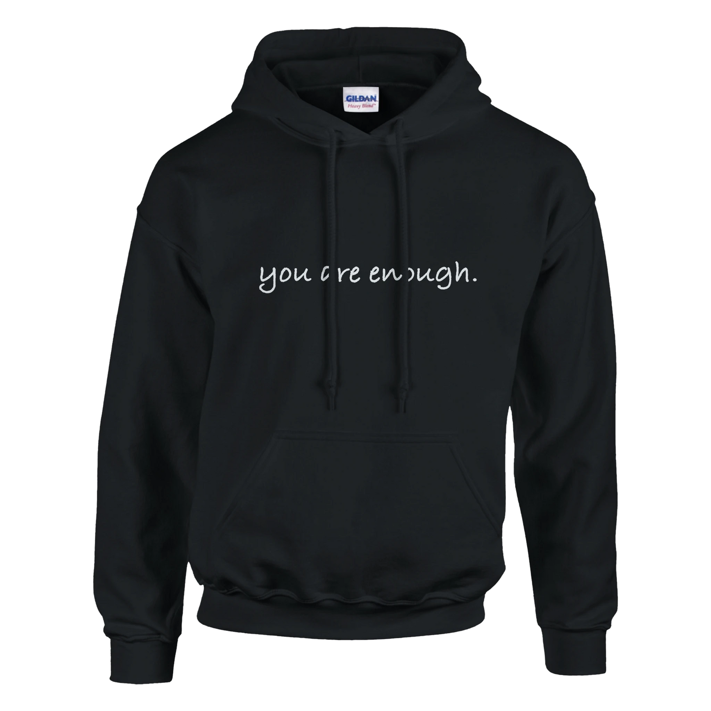 Black hoodie featuring minimalist text that reads, “you are enough.” A cozy and motivational sweatshirt promoting self-love, confidence, and positivity — perfect for casual, everyday wear.