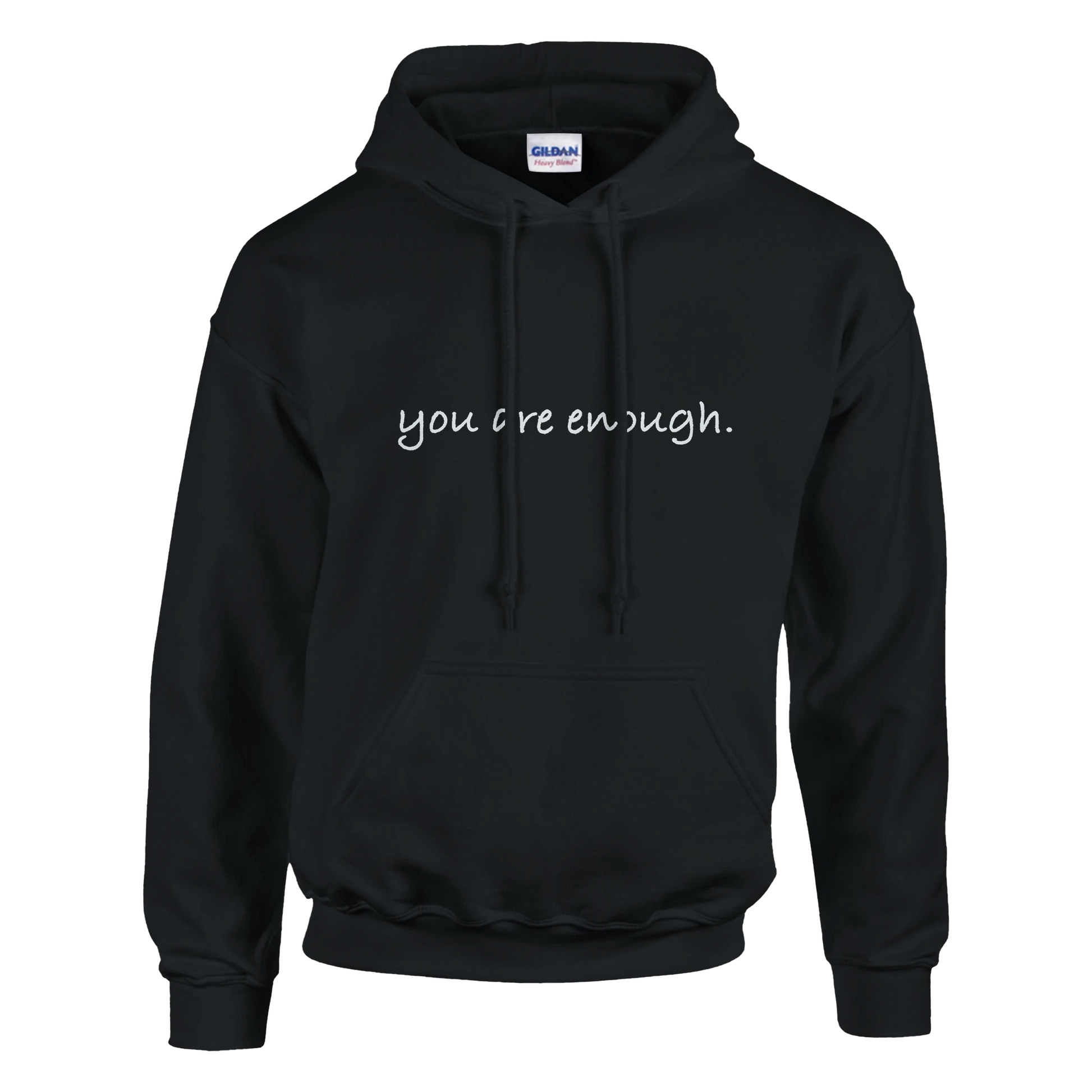 Black hoodie featuring minimalist text that reads, “you are enough.” A cozy and motivational sweatshirt promoting self-love, confidence, and positivity — perfect for casual, everyday wear.