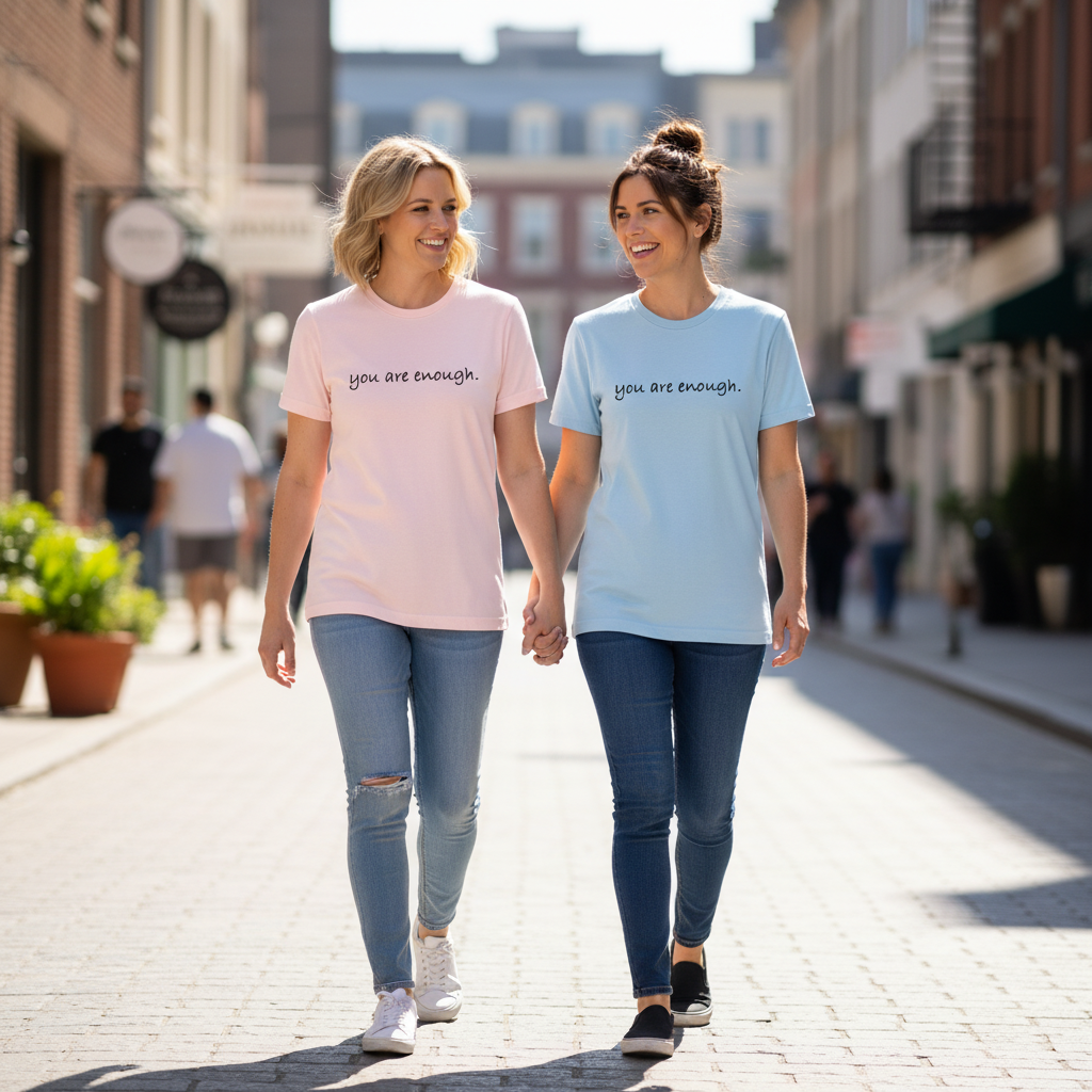 Two women walking hand in hand wearing pastel “you are enough” T-shirts, symbolizing confidence, equality, and self-love in a bright city street setting