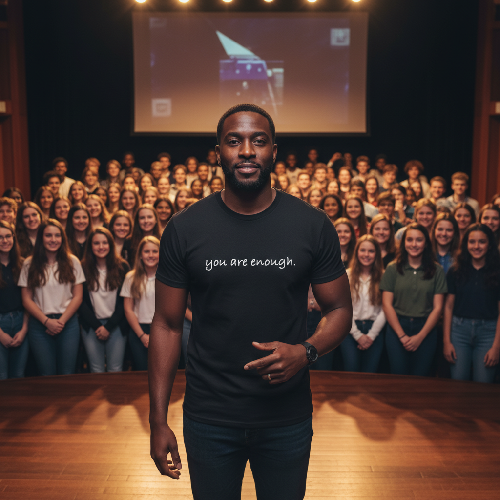 Man wearing black “You Are Enough” minimalist T-shirt standing confidently on stage with a supportive audience behind him, symbolizing self-worth, positivity, and empowerment.