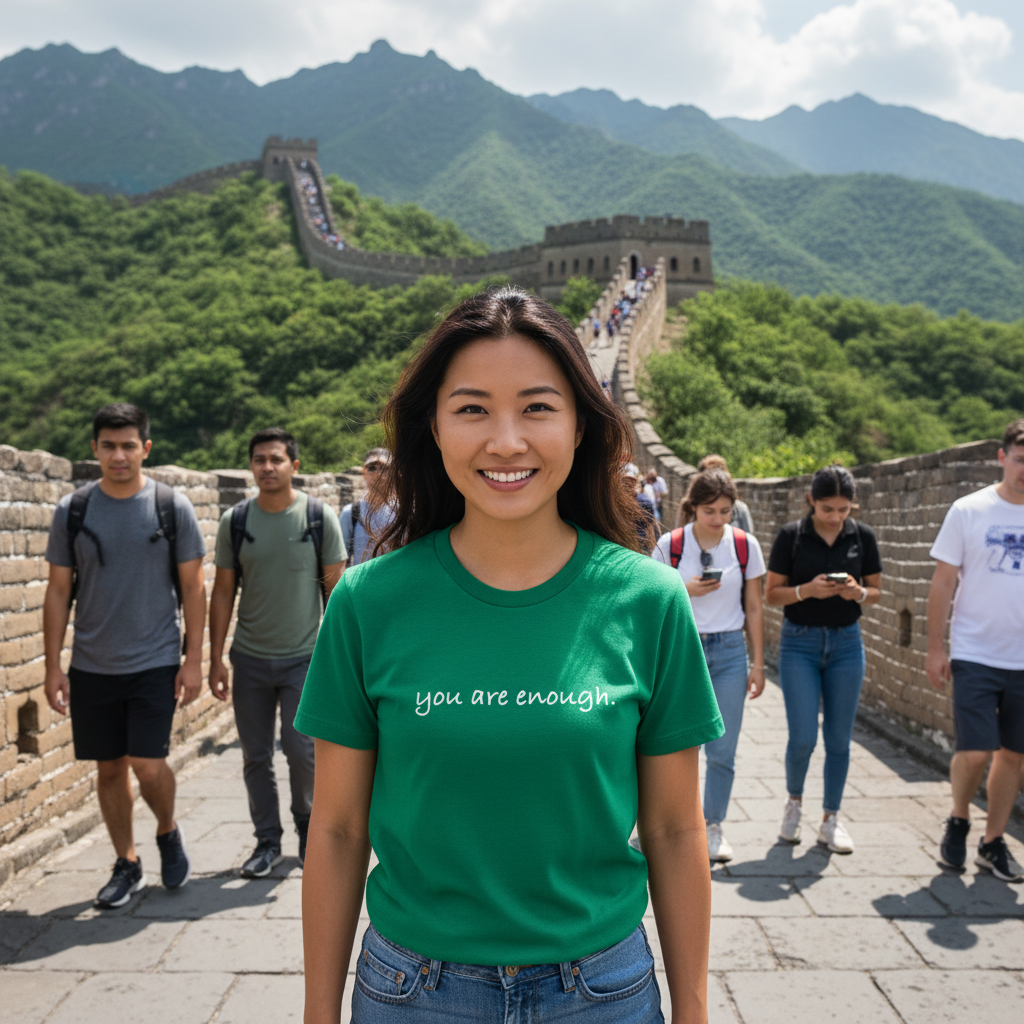 Woman wearing a green “You Are Enough” inspirational T-shirt while smiling outdoors, symbolizing confidence and self-love in a motivational lifestyle scene.